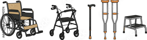 Collection of mobility aid equipment including wheelchair walker crutches walking stick and step stool