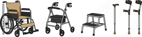 Collection of medical mobility equipment including wheelchair walker crutches walking stick and step stool