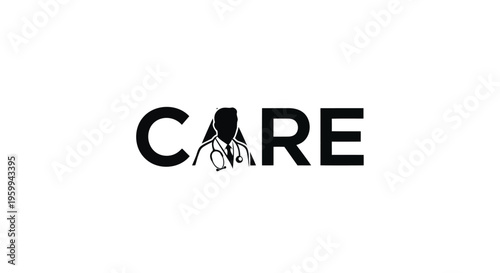 Minimalist black silhouette logo of female doctor with stethoscope forming CARE word isolated on white background