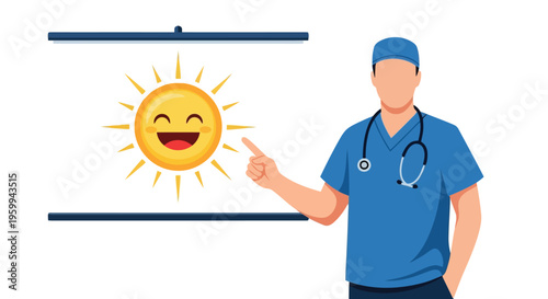 Smiling doctor pointing at happy sun symbol on screen in blue scrubs isolated on white background