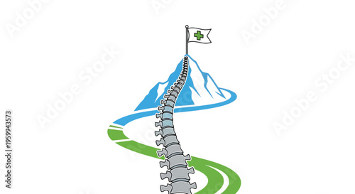 Spinal column mountain climber vector logo with flag isolated on white background