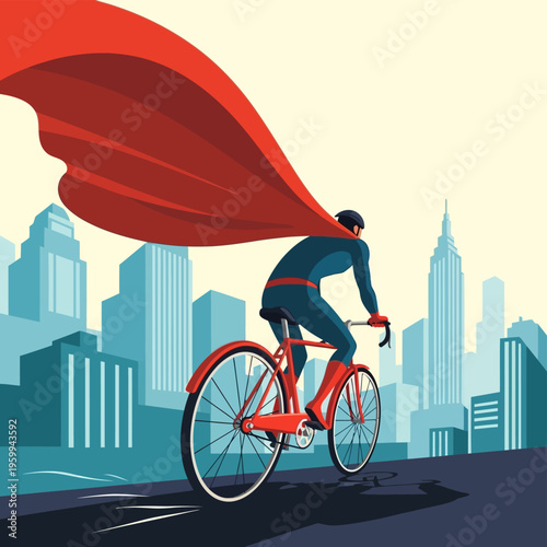 Superhero Riding Bicycle City Streets.