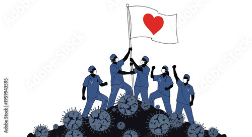 Medical workers in blue scrubs and masks standing on viruses holding a flag with a heart symbol isolated on white background
