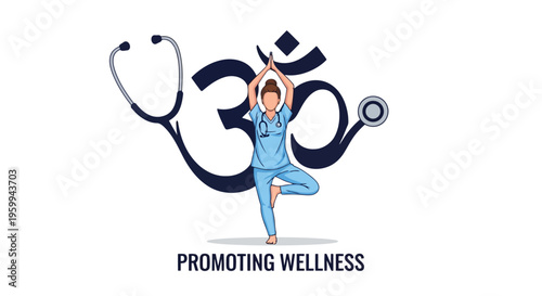 Wellness promotion logo with doctor in yoga pose and stethoscope isolated on white background