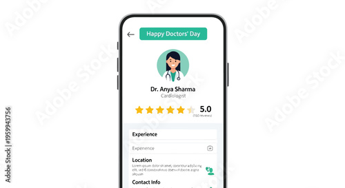 Smartphone displaying doctor profile on medical app with cartoon portrait and ratings isolated on white background