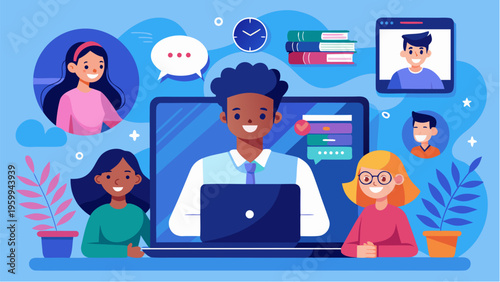 Online education concept with students learning via laptop, virtual classroom, video call and digital communication, remote studying and e learning illustration with diverse people