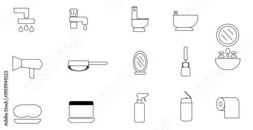 Iconos de baño, limpieza e higiene. Ilustración vectorial en blanco y negro de jabón, esponja, espejo, canilla, ducha, peine, cepillo, lavatorio, inodoro, shampoo, atomizador, secador y videt. 
