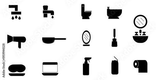Iconos de baño, limpieza e higiene. Ilustración vectorial en blanco y negro de jabón, esponja, espejo, canilla, ducha, peine, cepillo, lavatorio, inodoro, shampoo, atomizador, secador de pelo y videt.