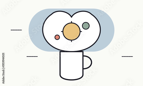 A minimalist digital illustration featuring a stylized coffee mug with a floating heart shaped cloud