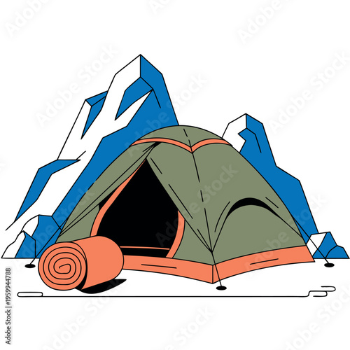 illustration of a camping tent with open flap and rolled sleeping mat beside it,