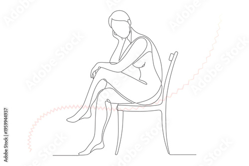 Elegant One Line Drawing of a Woman Sitting in a Chair, Minimalist Line Art Illustration for Contemplation and Emotional Wellbeing Concepts
