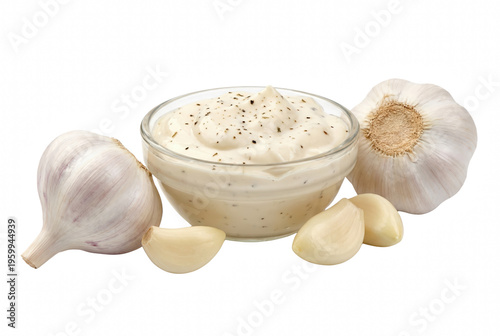 Canvas Print Creamy Garlic Aioli Sauce in Glass Bowl with Fresh Bulbs and Cloves