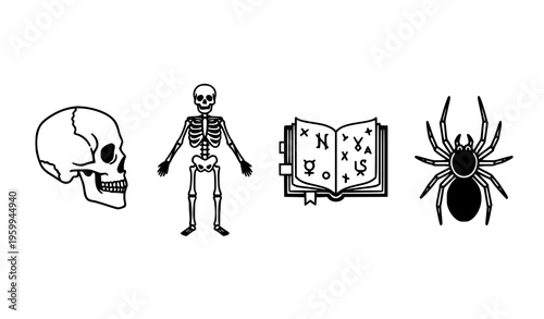 Minimal Halloween icon set with skull, skeleton, spider, and magic book flat vector silhouettes