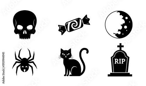 Halloween silhouette icons set with skull, candy, full moon, spider, cat, and gravestone vector illustration