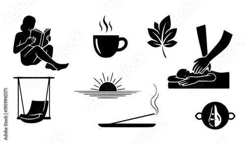 Relaxing lifestyle silhouette vector icons featuring leisure activities calm moments and wellness symbols