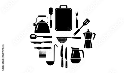Common kitchen utensils solid silhouette vector icons for cooking baking and food preparation design
