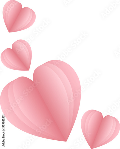 Pink paper cut hearts background with 3D folding effect on white background