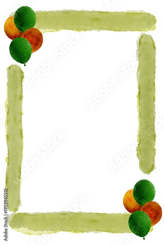 Green Watercolor Frame with Balloon Elements, Hand Painted Border with Paper Texture for Invitation Design