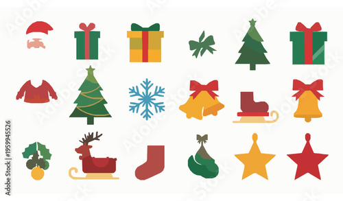 Colorful Christmas vector icon set with Santa, gifts, tree, and holiday symbols flat illustration isolated on white