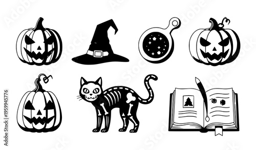 Cute Halloween Pumpkin Skeleton Cat and Magic Book Cartoon Icon Set for Seasonal Party Design Vector