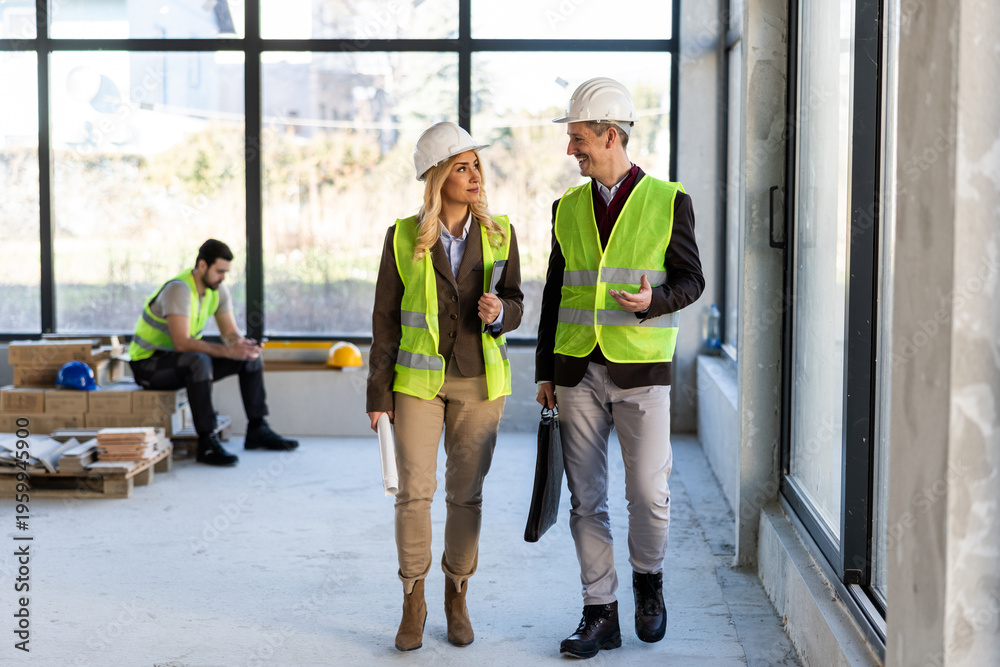 Obraz premium Workers discuss project details in a construction site during the day