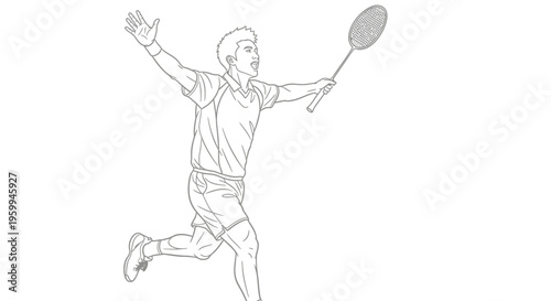 Line art drawing of a male badminton player celebrating a victory with his arms raised and racket in hand, showing excitement and triumph on the court.