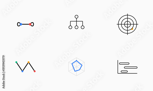 A collection of six minimalist vector icons representing various analytical charts and data diagrams
