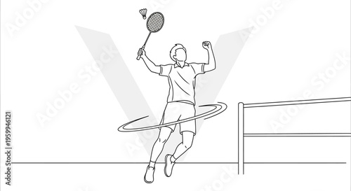 Line drawing of a badminton player performing a dynamic jump smash shot on a court with a net, illustrating athletic movement and skill.