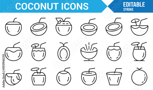 Minimal coconut fruit and juice icons set for modern food design