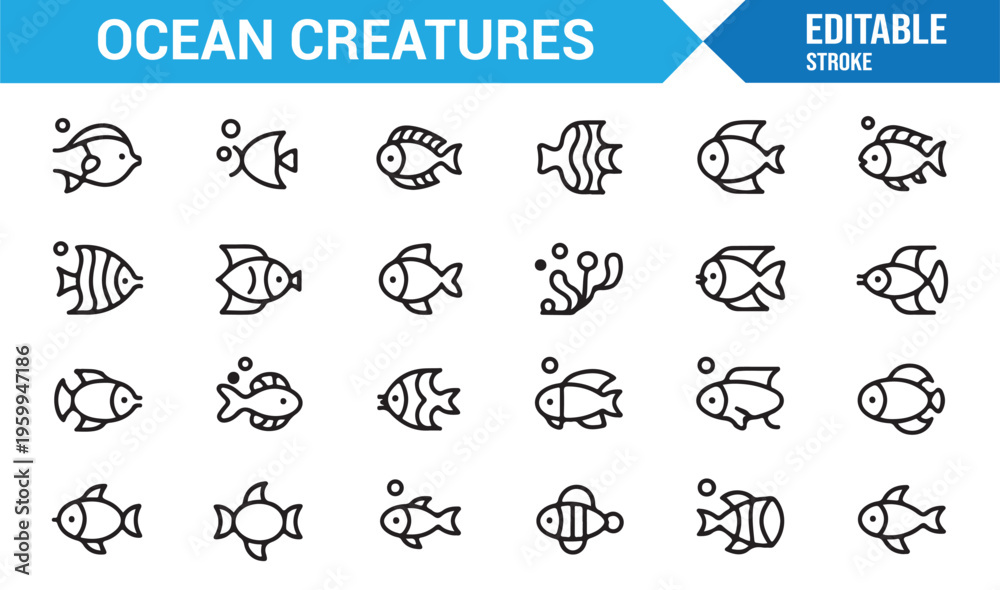 Fototapeta premium Minimal ocean creatures icons pack with coral and fish elements