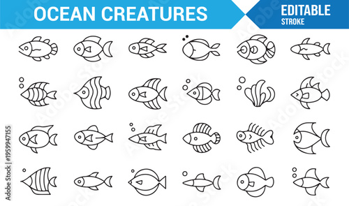 Sea life and aquatic animals line icons for coastal and nature themes
