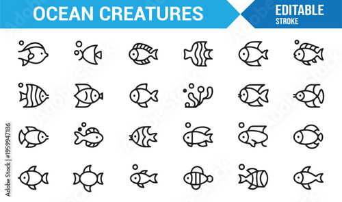 Minimal ocean creatures icons pack with coral and fish elements
