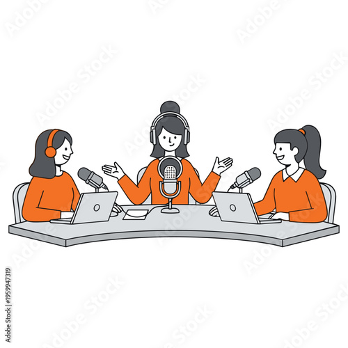 Three women recording podcast episodes together in a studio with microphones