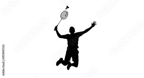 Dynamic silhouette of a badminton player jumping to hit a shuttlecock with a racket, celebrating a successful shot.