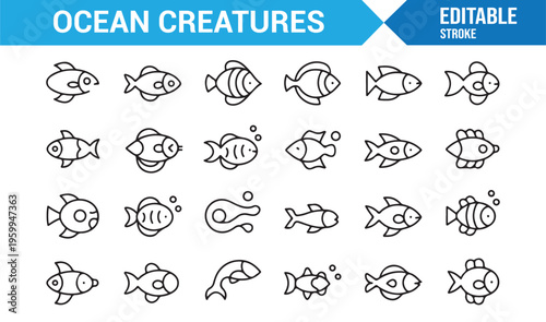 Marine biodiversity icons with fish and underwater elements