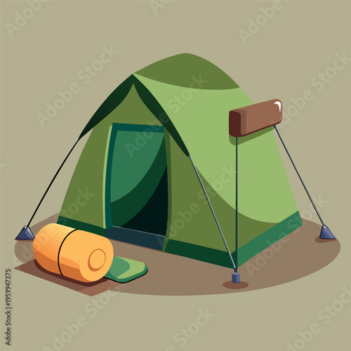 Flat vector illustration of a camping tent with open flap
