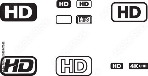 HD sign vector icon set showing high definition labels media quality symbols flat modern style.