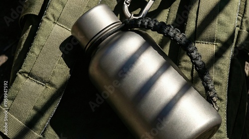 Matte titanium water bottle with paracord handle on olive green tactical backpack