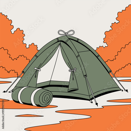 illustration of a camping tent with open flap and rolled sleeping mat beside it,
