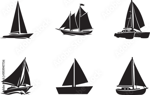 Sailboat icon set with yacht and sail vessel symbols isolated marine transport vector design.