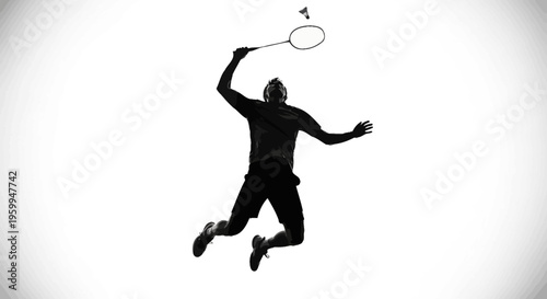 Dynamic black and white silhouette of a male badminton player jumping high to smash a shuttlecock with a racket against a bright white background.