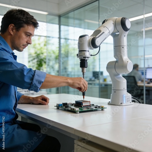 An engineering working with a robotic arm in a modern office