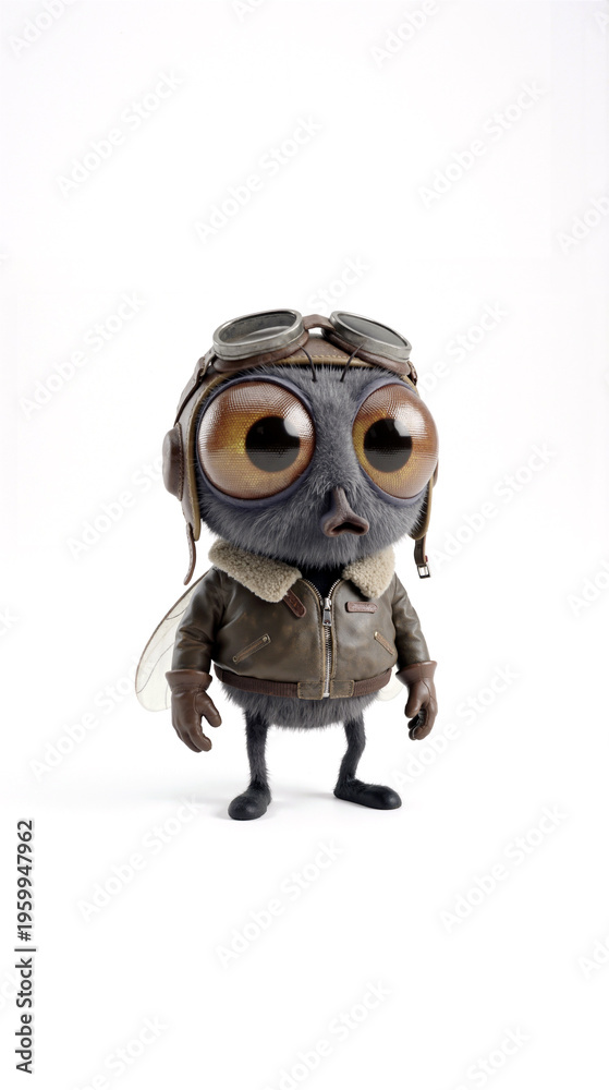 Fototapeta premium Cute cartoon housefly character is dressed in a detailed vintage pilot bomber jacket and aviator hat, posing on a clean white background. Generative AI.
