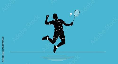 Silhouette of a badminton player jumping and celebrating a point with a racket and shuttlecock on a blue background, depicting dynamic sports action.