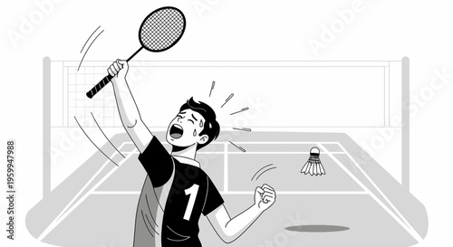 A male badminton player celebrates a victory on the court, raising his racket in triumph after a successful game.