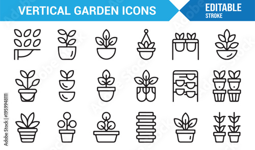 Modern vertical gardening symbols pack with pots and greenery elements
