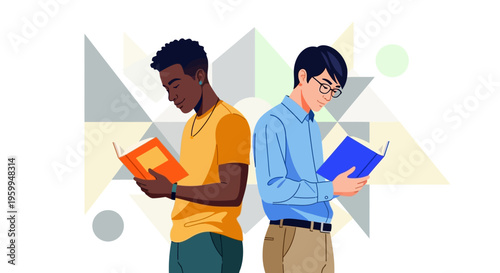 Two men reading books together.