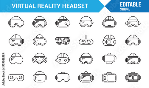 Minimal outline VR headset and simulation icons for digital interfaces