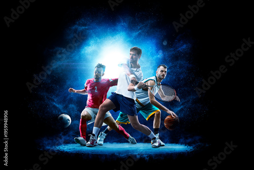 A joyful collage of several sports. Athletes on a beautiful black background with a flash of light behind them. Multi-sport collage depicting various sports and hobbies. Isolated on a black.