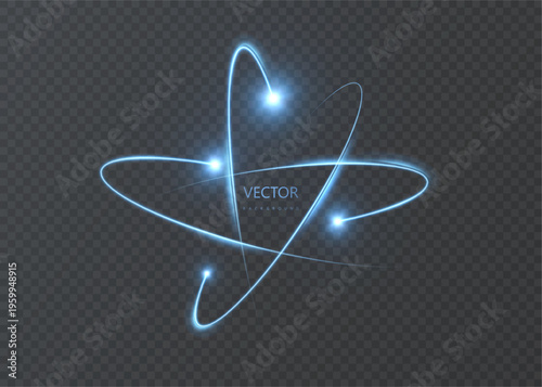 Energetic light trails forming an atomic structure, representing science, technology, connection, and data concepts. Transparent background